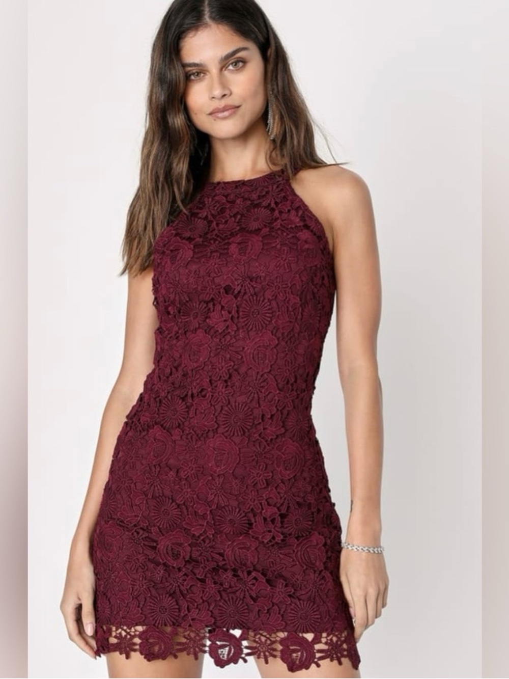 Lulu’s Women's Lace Halter Mini Dress - Burgundy